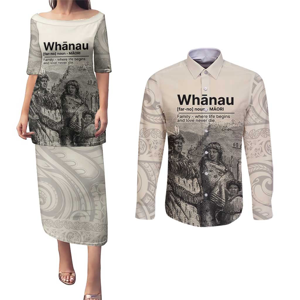 Whanau Maori Language Couples Matching Puletasi and Long Sleeve Button Shirt Te Reo Maori Inspired Art LT9 Nude - Polynesian Pride