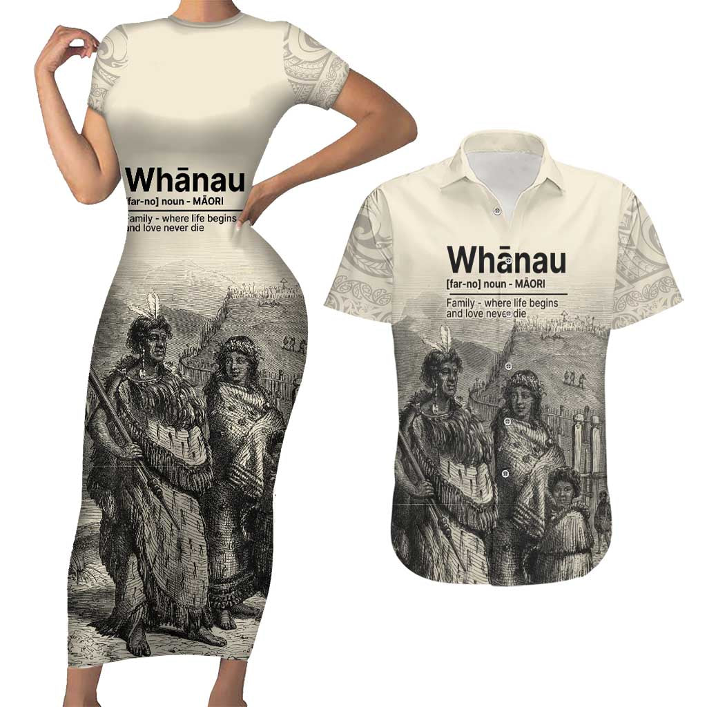 Whanau Maori Language Couples Matching Short Sleeve Bodycon Dress and Hawaiian Shirt Te Reo Maori Inspired Art