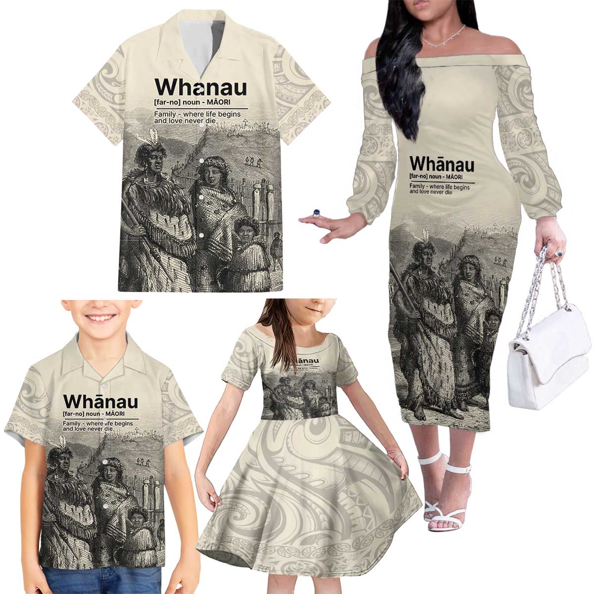 Whanau Maori Language Family Matching Off The Shoulder Long Sleeve Dress and Hawaiian Shirt Te Reo Maori Inspired Art