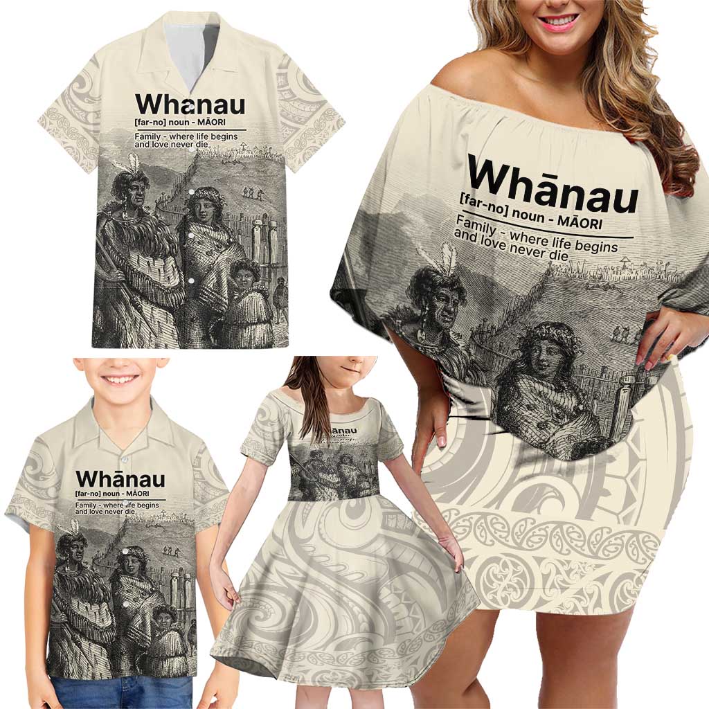 Whanau Maori Language Family Matching Off Shoulder Short Dress and Hawaiian Shirt Te Reo Maori Inspired Art