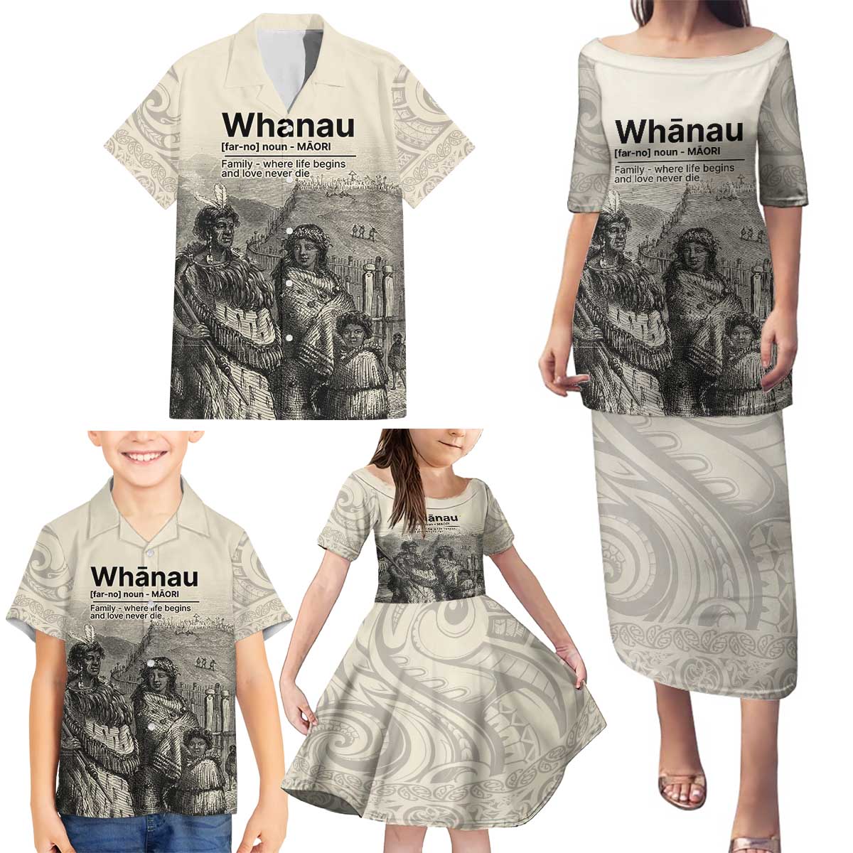 Whanau Maori Language Family Matching Puletasi and Hawaiian Shirt Te Reo Maori Inspired Art LT9 - Polynesian Pride
