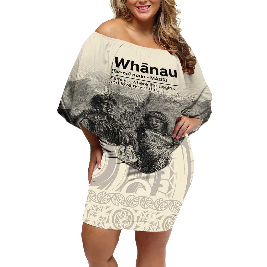 Whanau Maori Language Off Shoulder Short Dress Te Reo Maori Inspired Art LT9 Women Nude - Polynesian Pride