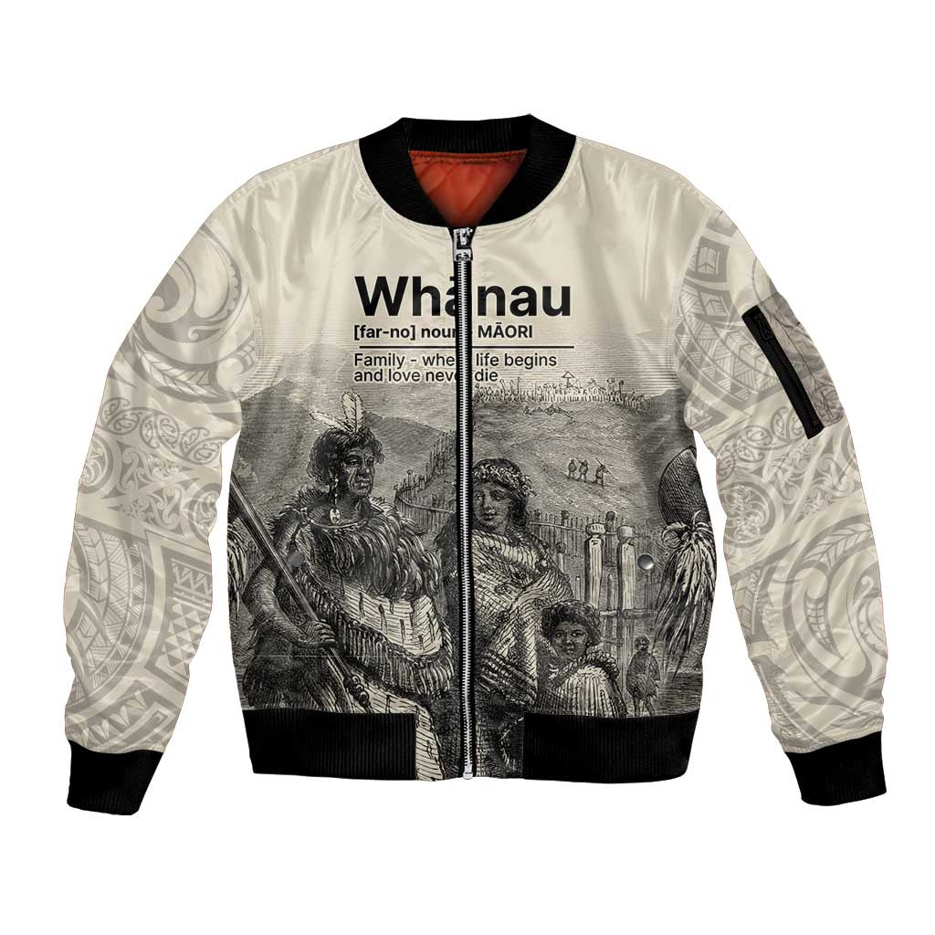Whanau Maori Language Sleeve Zip Bomber Jacket Te Reo Maori Inspired Art