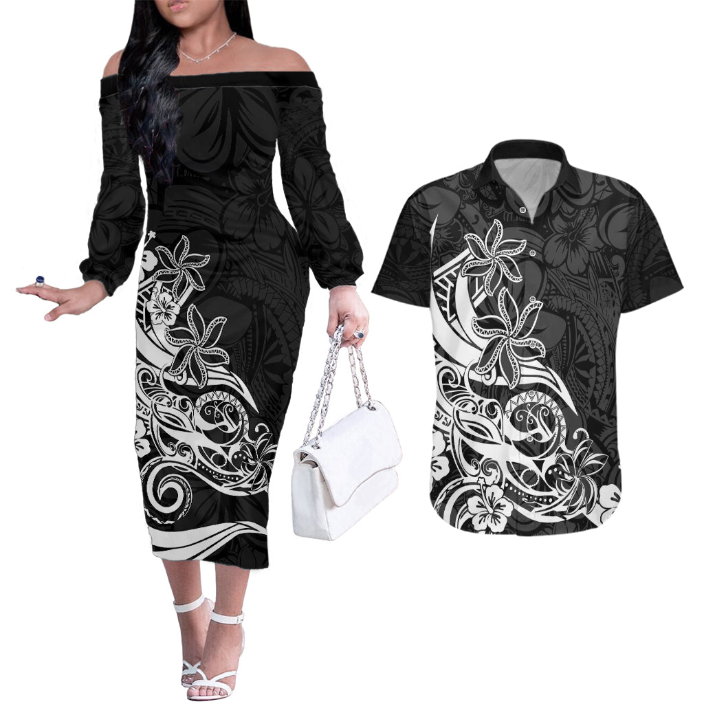 Polynesian Sunset Plumeria Couples Matching Off The Shoulder Long Sleeve Dress and Hawaiian Shirt Pacific Island Tribal Black Style LT9 Black - Polynesian Pride