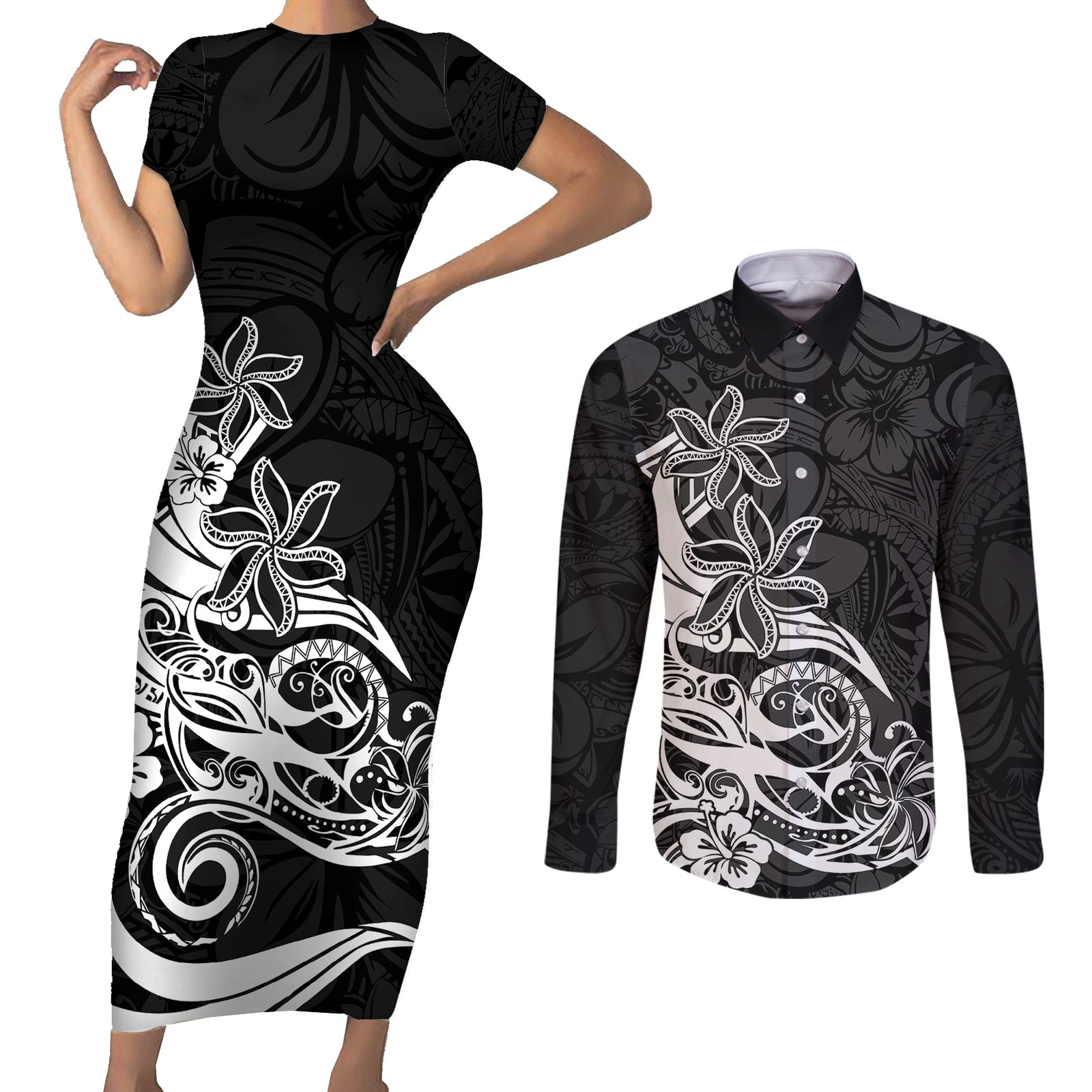 Polynesian Sunset Plumeria Couples Matching Short Sleeve Bodycon Dress and Long Sleeve Button Shirts Pacific Island Tribal Black Style LT9 Black - Polynesian Pride