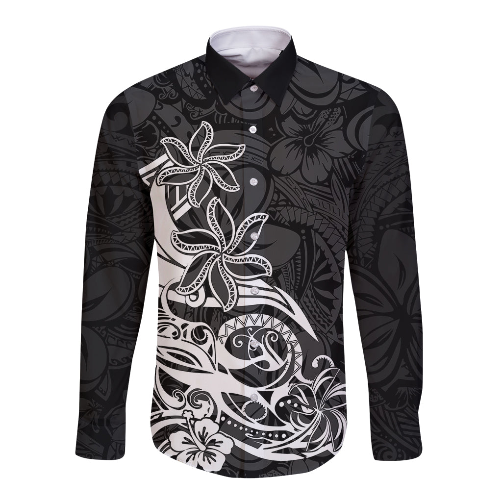 Polynesian Sunset Plumeria Long Sleeve Button Shirt Pacific Island Tribal Black Style LT9 Unisex Black - Polynesian Pride
