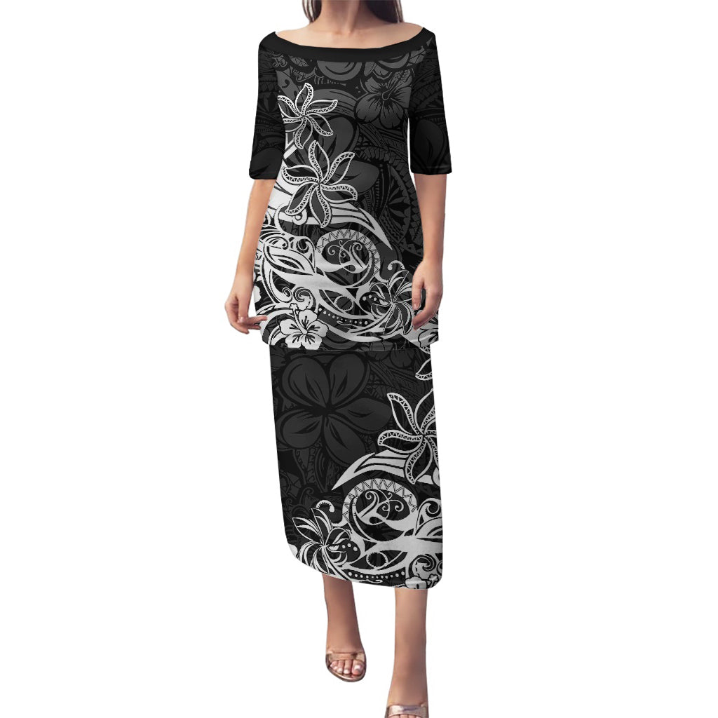 Polynesian Sunset Plumeria Puletasi Pacific Island Tribal Black Style LT9 Long Dress Black - Polynesian Pride