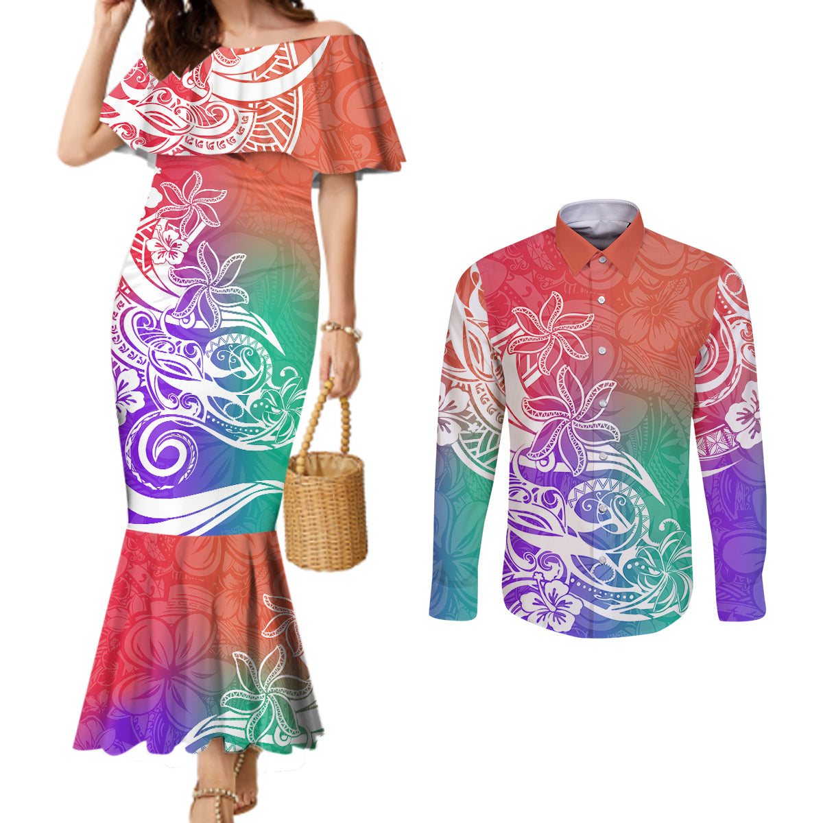 Polynesian Sunset Plumeria Couples Matching Mermaid Dress and Long Sleeve Button Shirts Pacific Island Tribal Blossom Style LT9 Blossom - Polynesian Pride