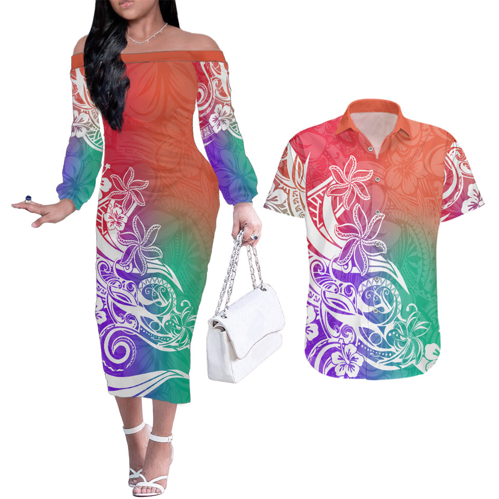 Polynesian Sunset Plumeria Couples Matching Off The Shoulder Long Sleeve Dress and Hawaiian Shirt Pacific Island Tribal Blossom Style LT9 Blossom - Polynesian Pride