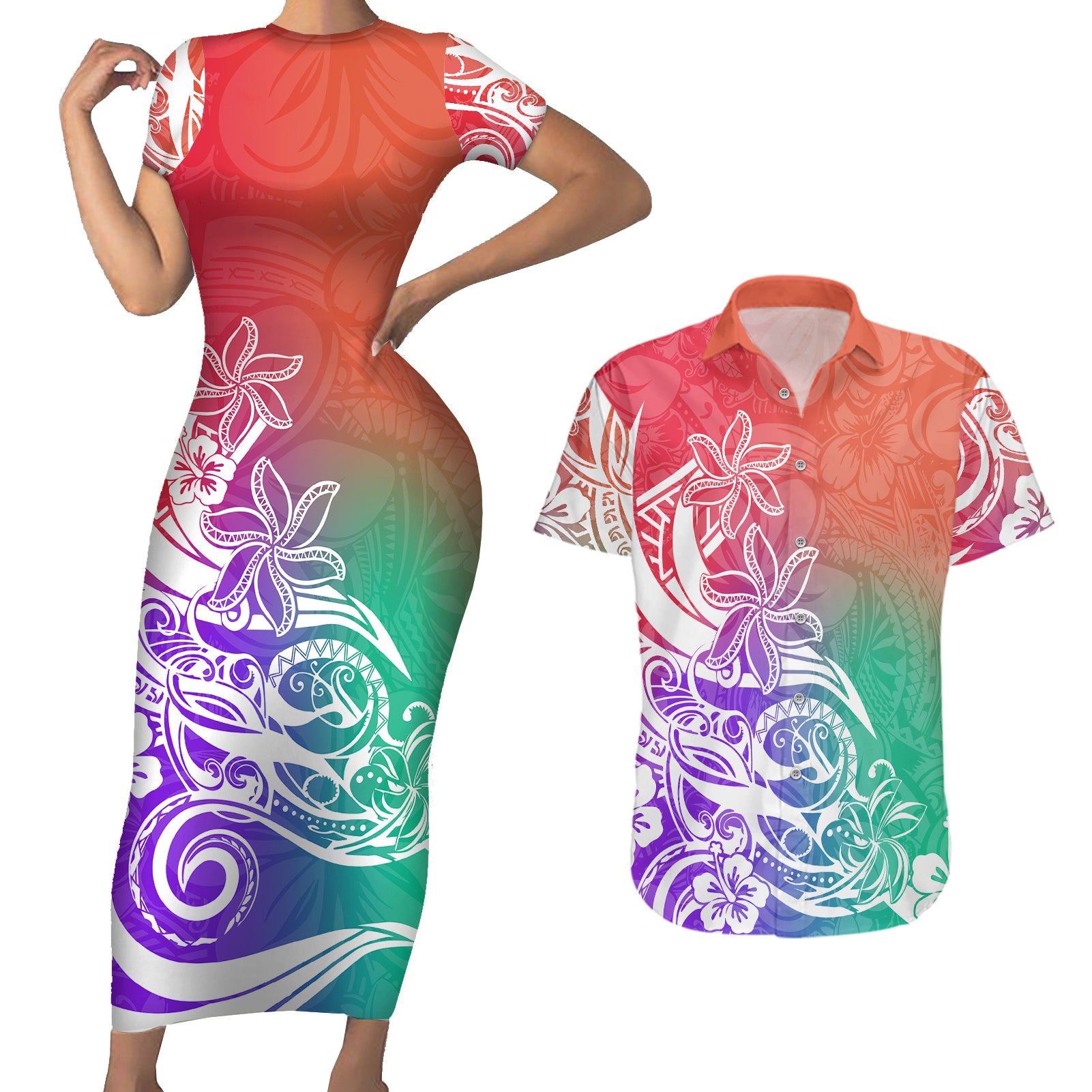 Polynesian Sunset Plumeria Couples Matching Short Sleeve Bodycon Dress and Hawaiian Shirt Pacific Island Tribal Blossom Style LT9 Blossom - Polynesian Pride