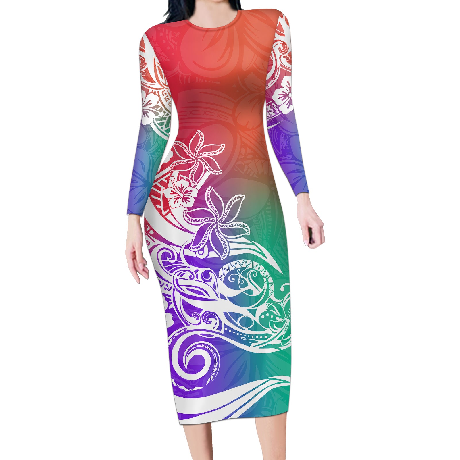 Polynesian Sunset Plumeria Long Sleeve Bodycon Dress Pacific Island Tribal Blossom Style LT9 Long Dress Blossom - Polynesian Pride