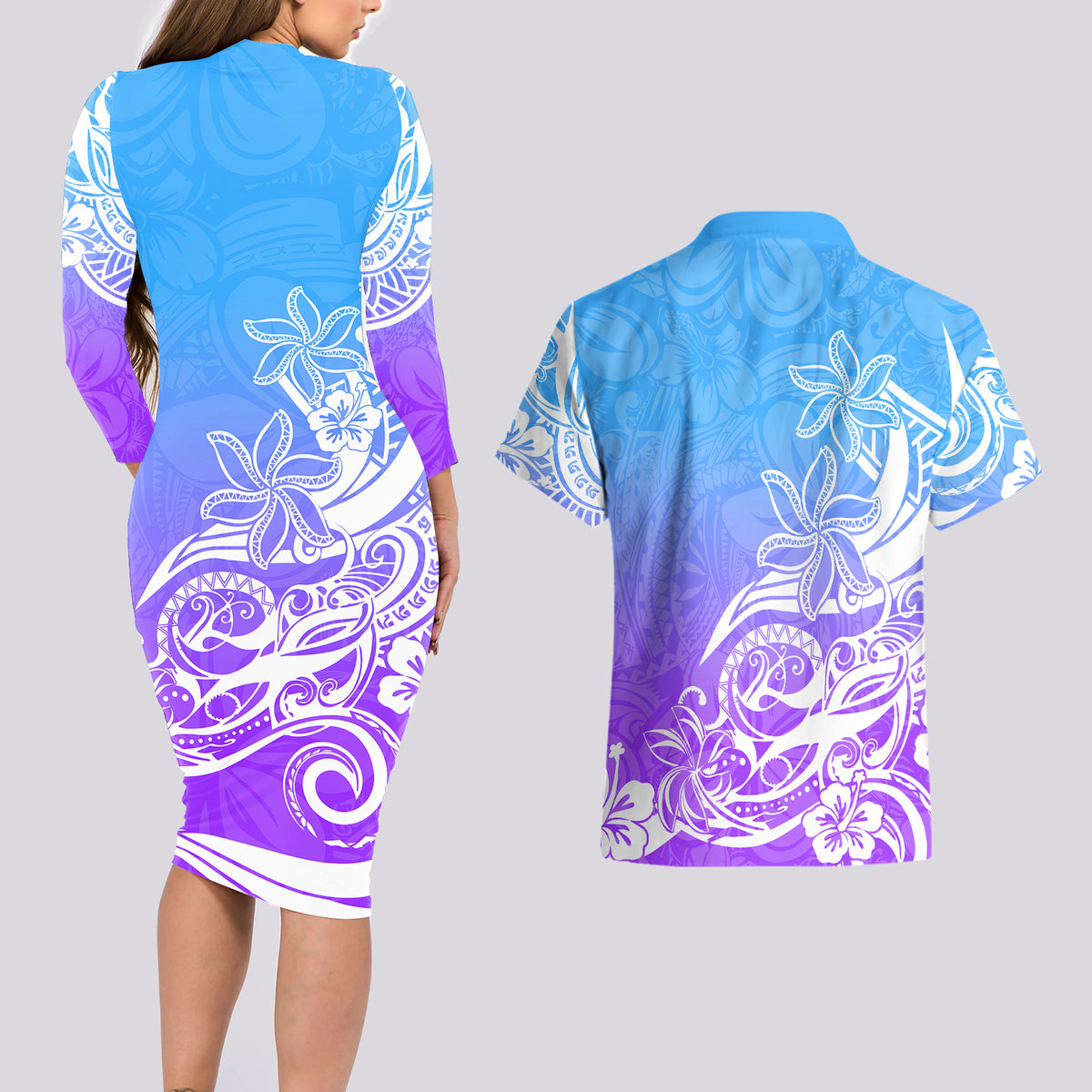 Polynesian Sunset Plumeria Couples Matching Long Sleeve Bodycon Dress and Hawaiian Shirt Pacific Island Tribal Blue Style LT9 - Polynesian Pride