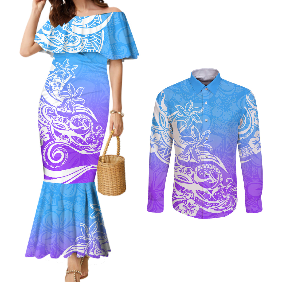 Polynesian Sunset Plumeria Couples Matching Mermaid Dress and Long Sleeve Button Shirts Pacific Island Tribal Blue Style LT9 Blue - Polynesian Pride