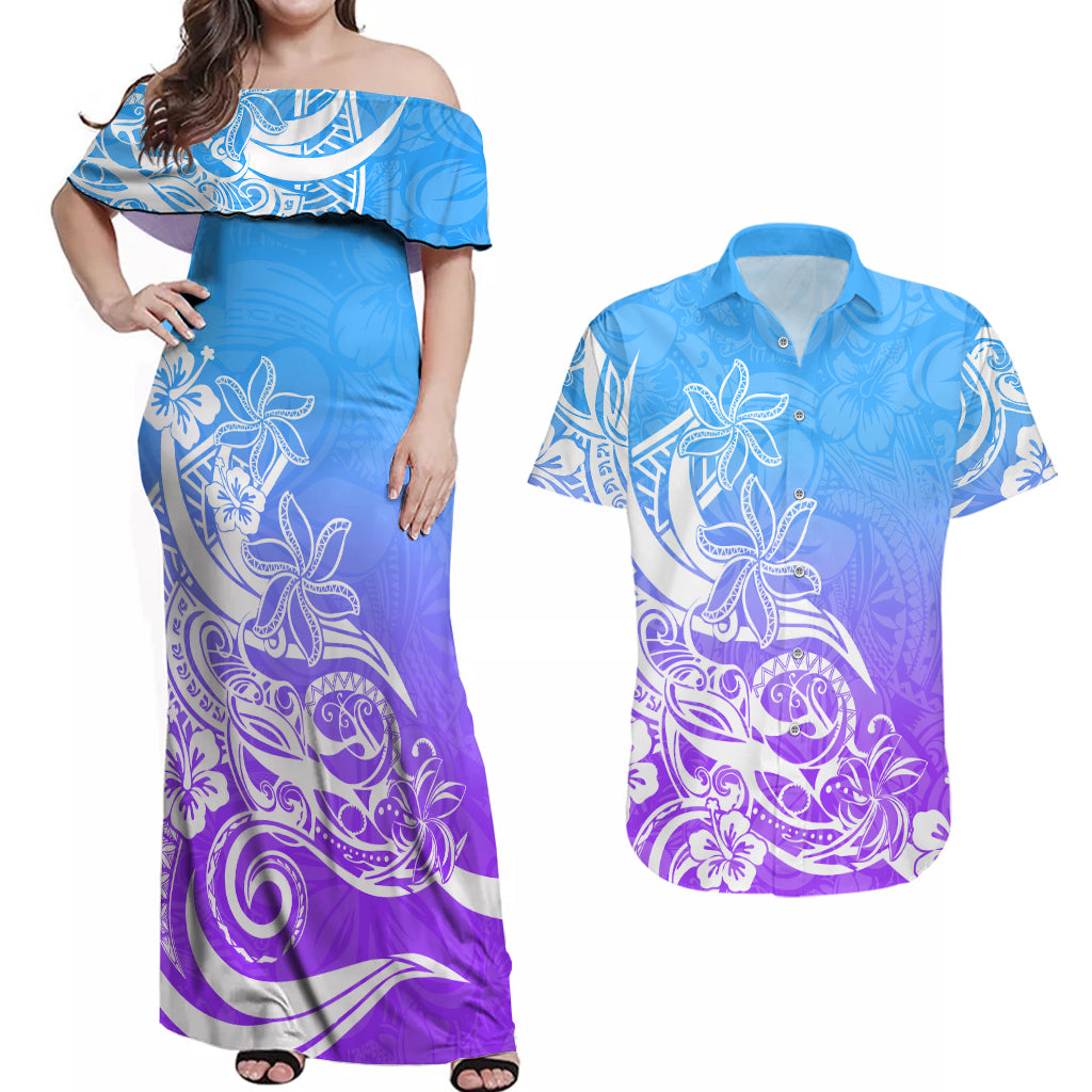 Polynesian Sunset Plumeria Couples Matching Off Shoulder Maxi Dress and Hawaiian Shirt Pacific Island Tribal Blue Style LT9 Blue - Polynesian Pride