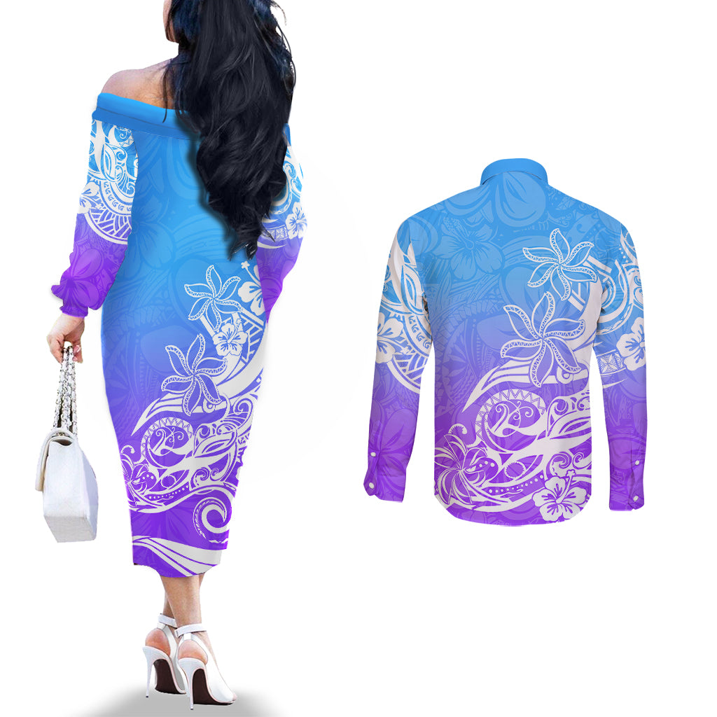 Polynesian Sunset Plumeria Couples Matching Off The Shoulder Long Sleeve Dress and Long Sleeve Button Shirts Pacific Island Tribal Blue Style LT9 - Polynesian Pride
