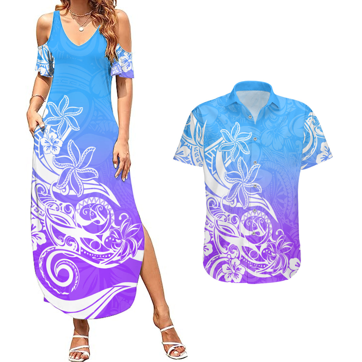 Polynesian Sunset Plumeria Couples Matching Summer Maxi Dress and Hawaiian Shirt Pacific Island Tribal Blue Style LT9 Blue - Polynesian Pride