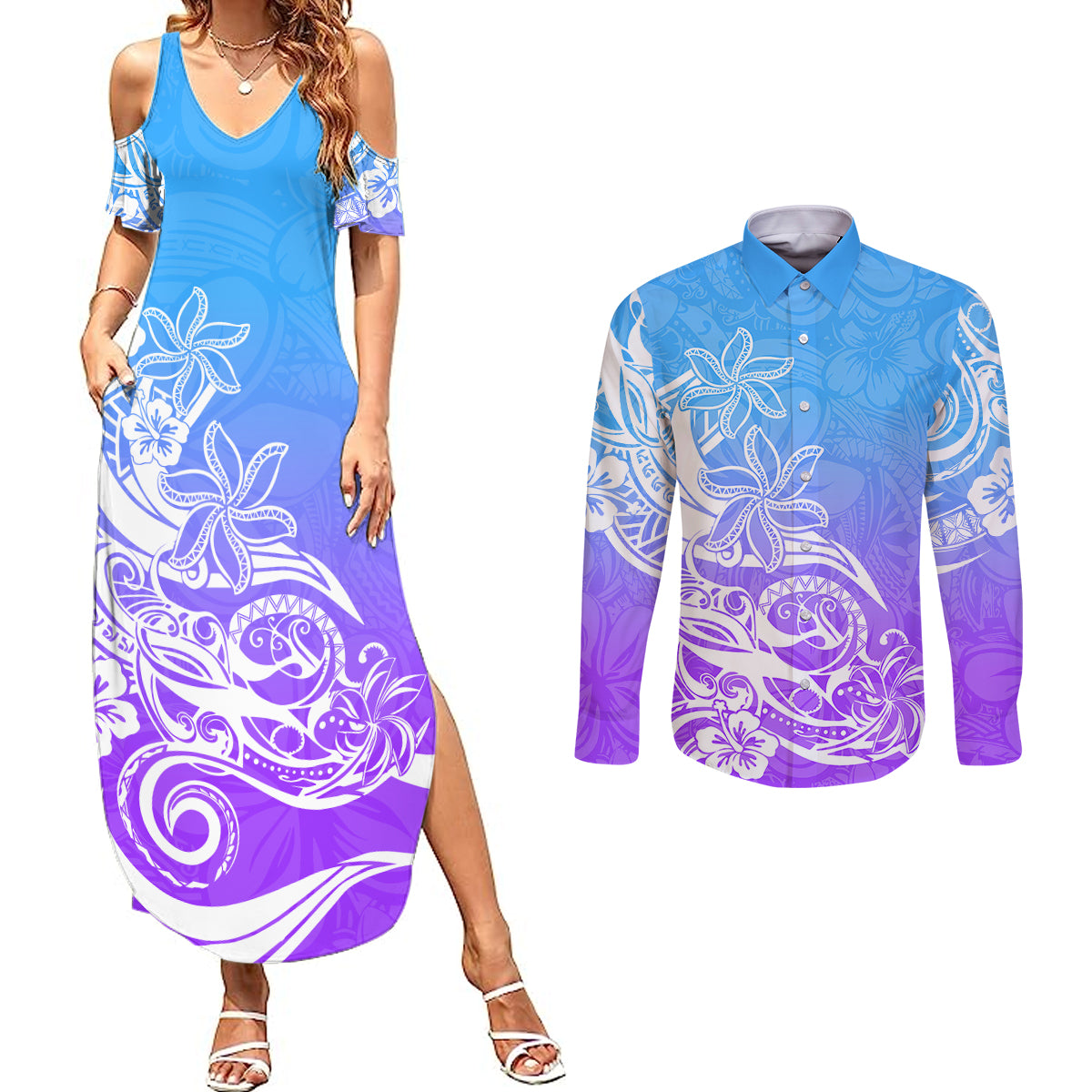 Polynesian Sunset Plumeria Couples Matching Summer Maxi Dress and Long Sleeve Button Shirts Pacific Island Tribal Blue Style LT9 Blue - Polynesian Pride