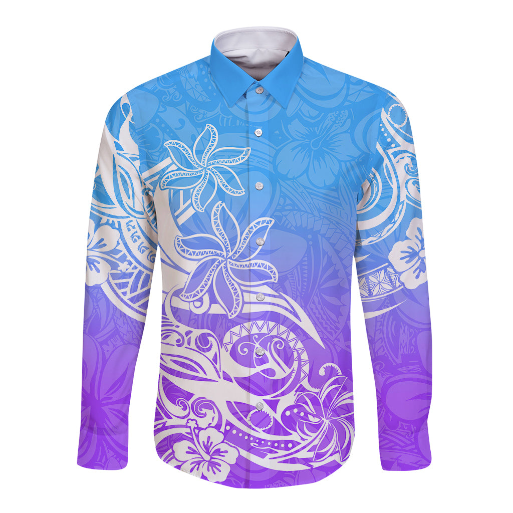Polynesian Sunset Plumeria Long Sleeve Button Shirt Pacific Island Tribal Blue Style LT9 Unisex Blue - Polynesian Pride