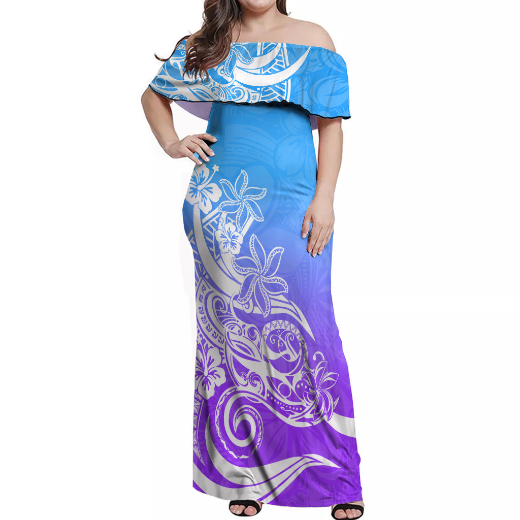 Polynesian Sunset Plumeria Off Shoulder Maxi Dress Pacific Island Tribal Blue Style LT9 Women Blue - Polynesian Pride