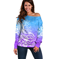 Polynesian Sunset Plumeria Off Shoulder Sweater Pacific Island Tribal Blue Style LT9 Women Blue - Polynesian Pride