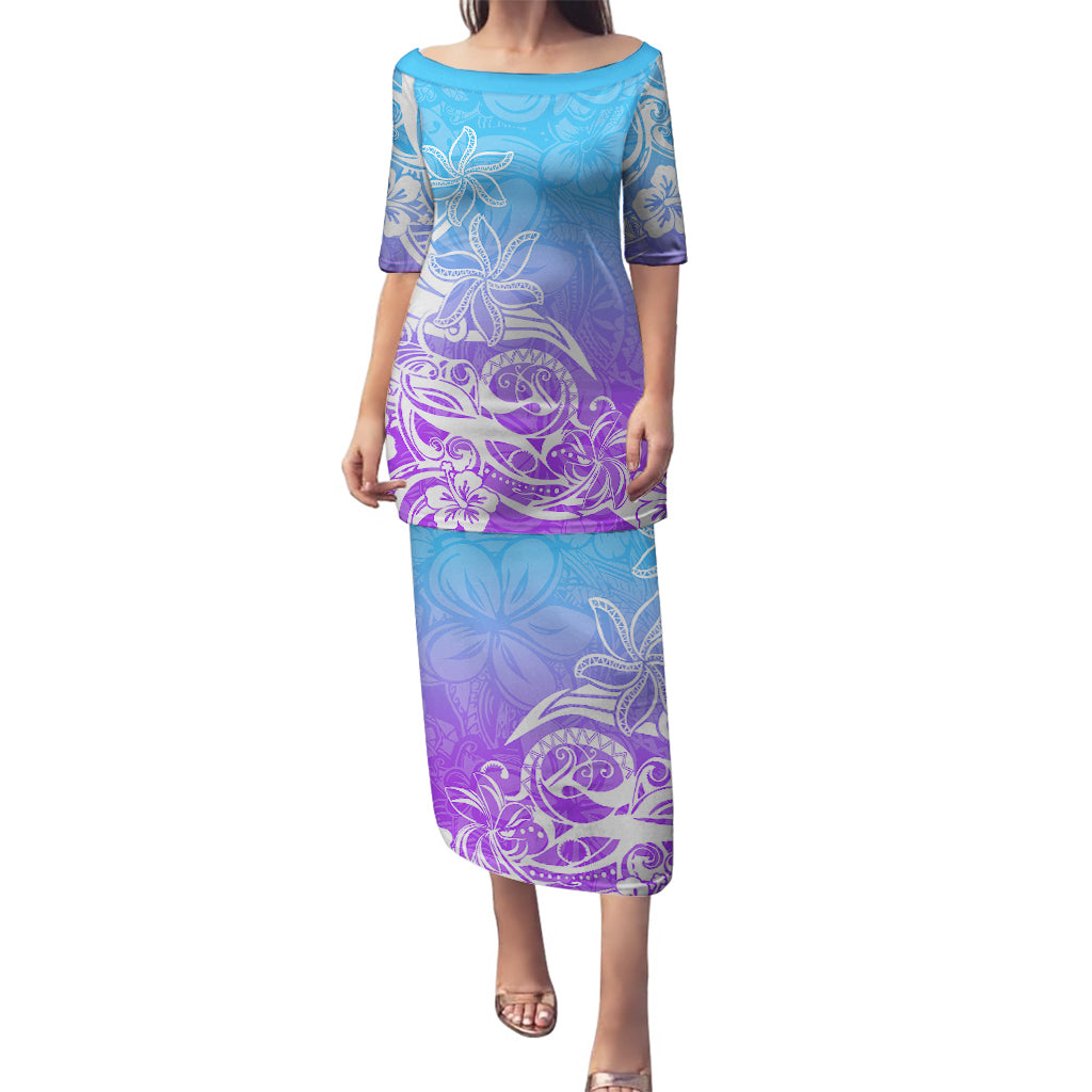 Polynesian Sunset Plumeria Puletasi Pacific Island Tribal Blue Style LT9 Long Dress Blue - Polynesian Pride