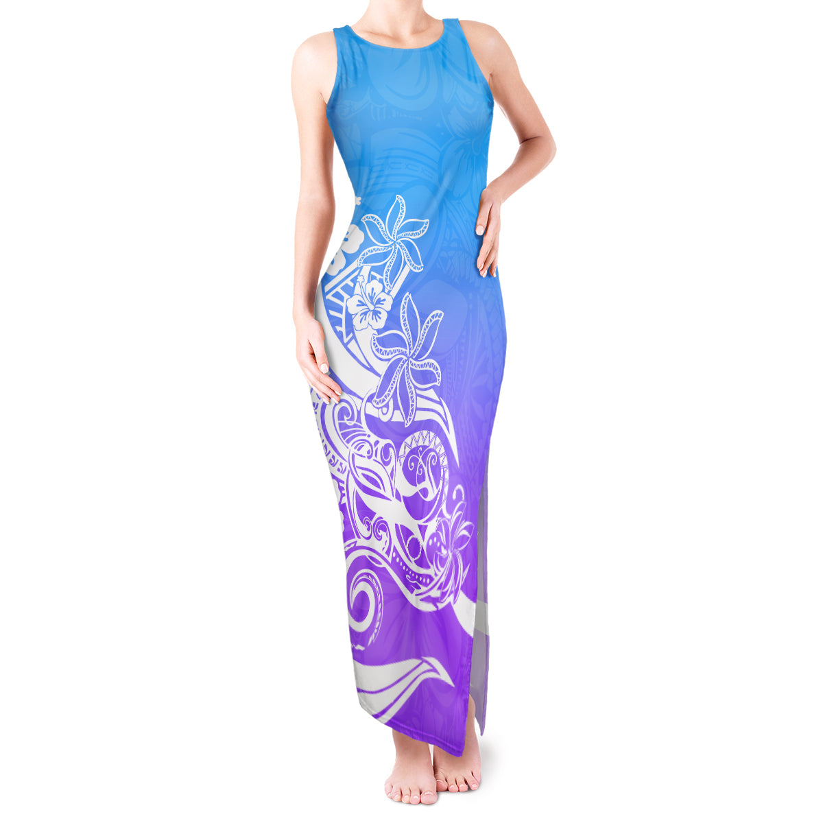 Polynesian Sunset Plumeria Tank Maxi Dress Pacific Island Tribal Blue Style LT9 Women Blue - Polynesian Pride