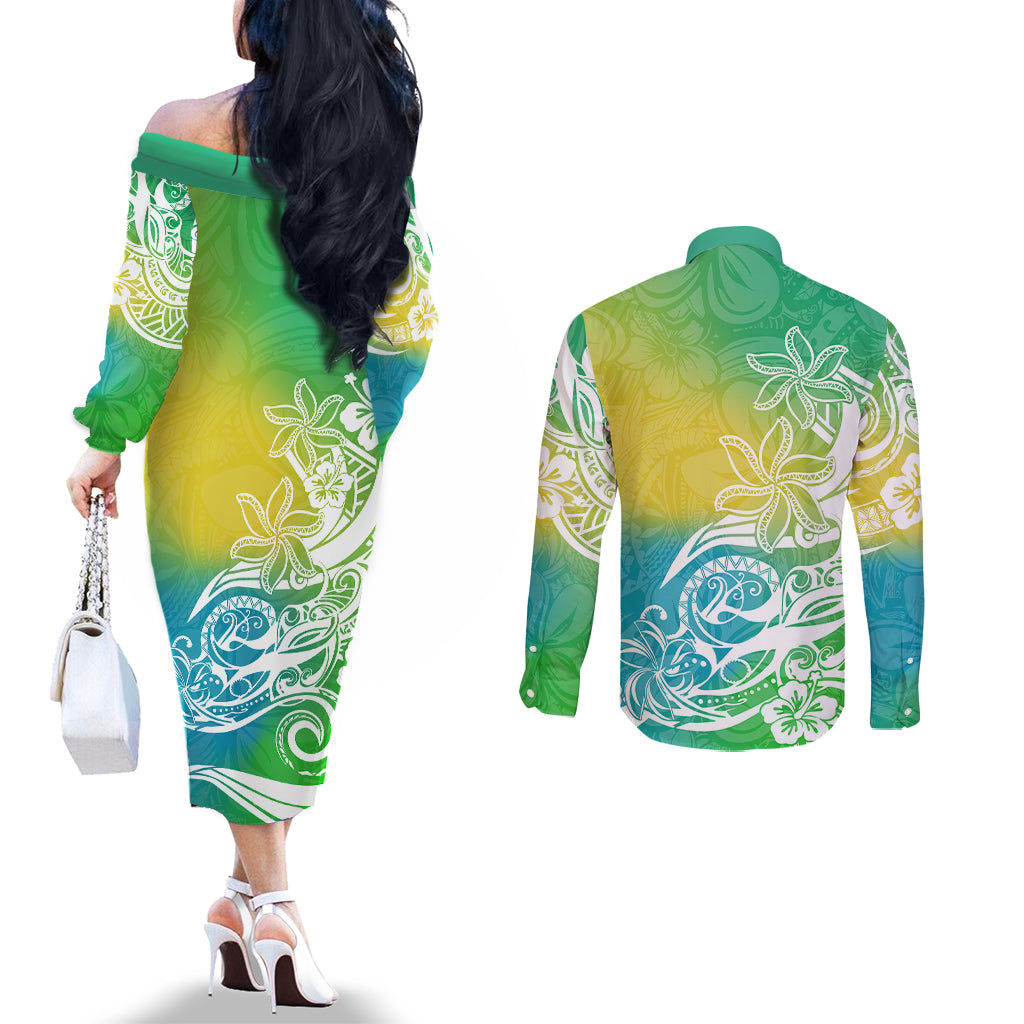 Polynesian Sunset Plumeria Couples Matching Off The Shoulder Long Sleeve Dress and Long Sleeve Button Shirts Pacific Island Tribal Green Style LT9 - Polynesian Pride
