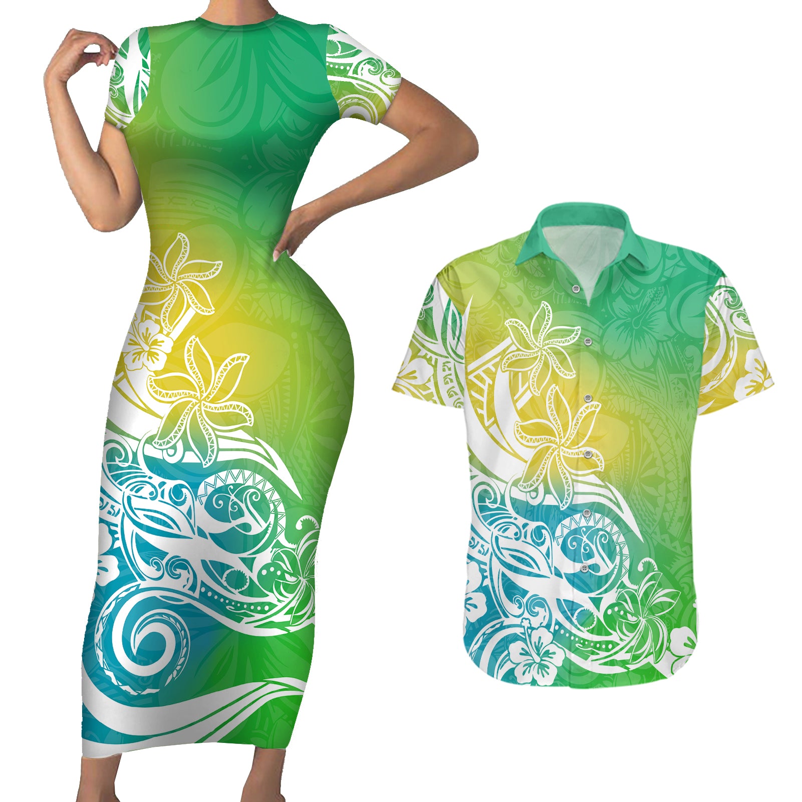 Polynesian Sunset Plumeria Couples Matching Short Sleeve Bodycon Dress and Hawaiian Shirt Pacific Island Tribal Green Style LT9 Green - Polynesian Pride