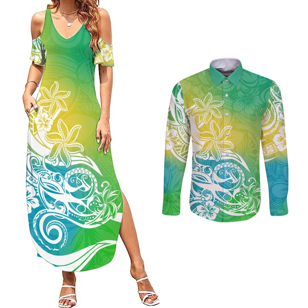 Polynesian Sunset Plumeria Couples Matching Summer Maxi Dress and Long Sleeve Button Shirts Pacific Island Tribal Green Style LT9 Green - Polynesian Pride