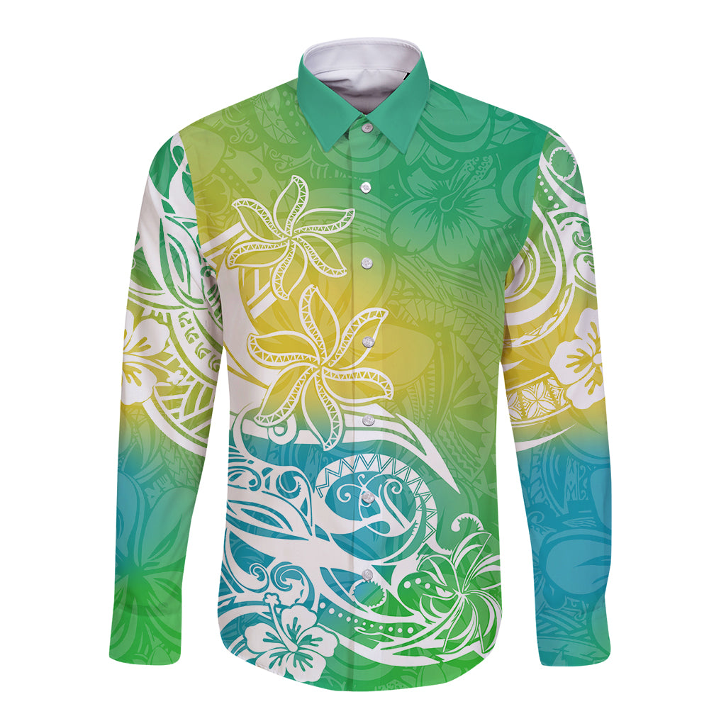 Polynesian Sunset Plumeria Long Sleeve Button Shirt Pacific Island Tribal Green Style LT9 Unisex Green - Polynesian Pride