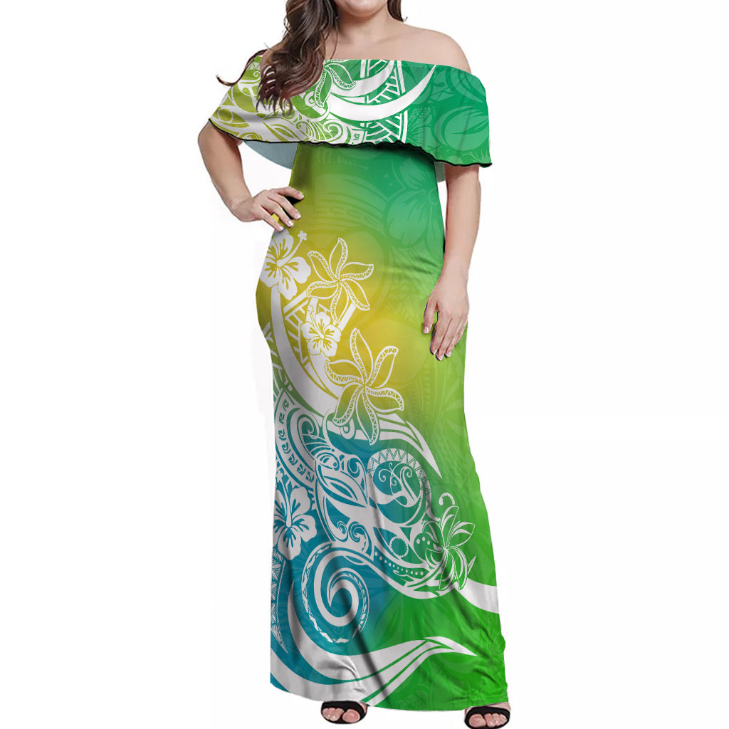 Polynesian Sunset Plumeria Off Shoulder Maxi Dress Pacific Island Tribal Green Style LT9 Women Green - Polynesian Pride