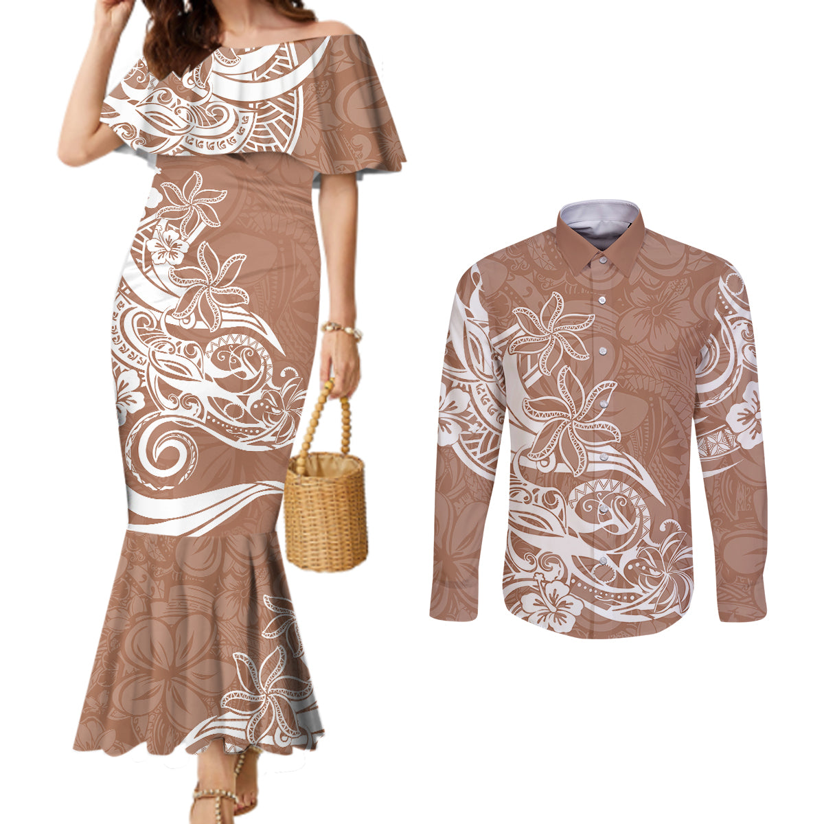 Polynesian Sunset Plumeria Couples Matching Mermaid Dress and Long Sleeve Button Shirts Pacific Island Tribal Nude Style LT9 Nude - Polynesian Pride