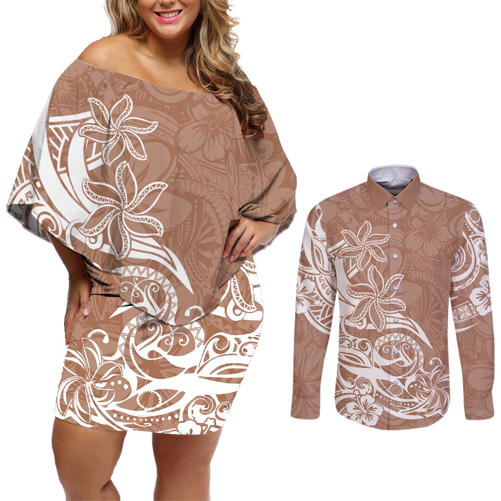 Polynesian Sunset Plumeria Couples Matching Off Shoulder Short Dress and Long Sleeve Button Shirts Pacific Island Tribal Nude Style LT9 Nude - Polynesian Pride