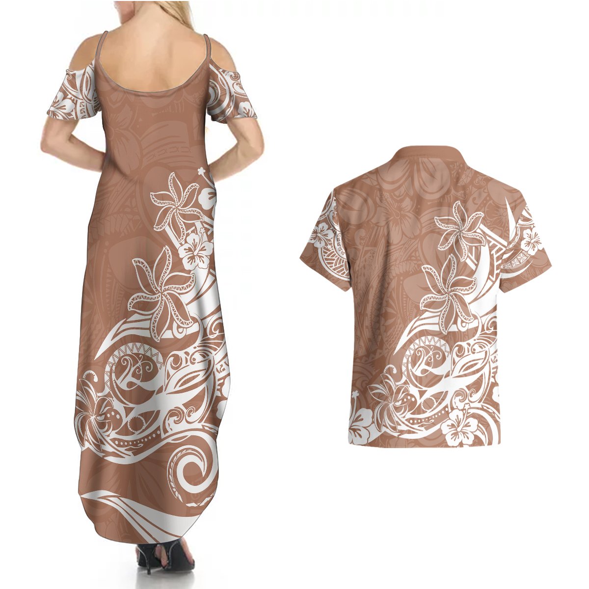 Polynesian Sunset Plumeria Couples Matching Summer Maxi Dress and Hawaiian Shirt Pacific Island Tribal Nude Style LT9 - Polynesian Pride