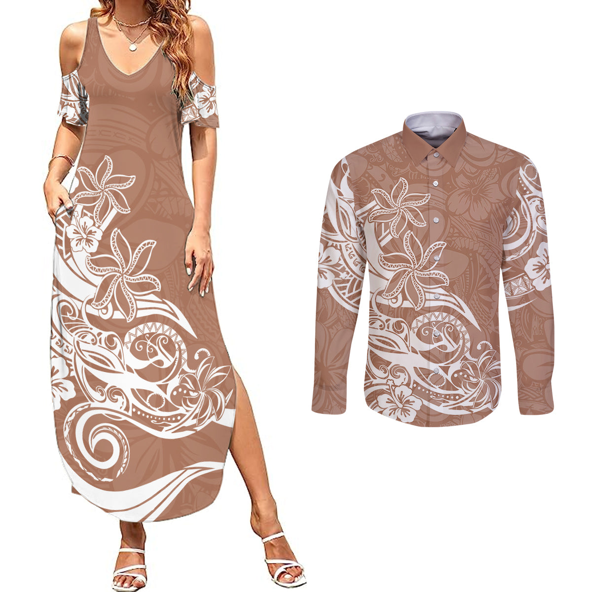 Polynesian Sunset Plumeria Couples Matching Summer Maxi Dress and Long Sleeve Button Shirts Pacific Island Tribal Nude Style LT9 Nude - Polynesian Pride