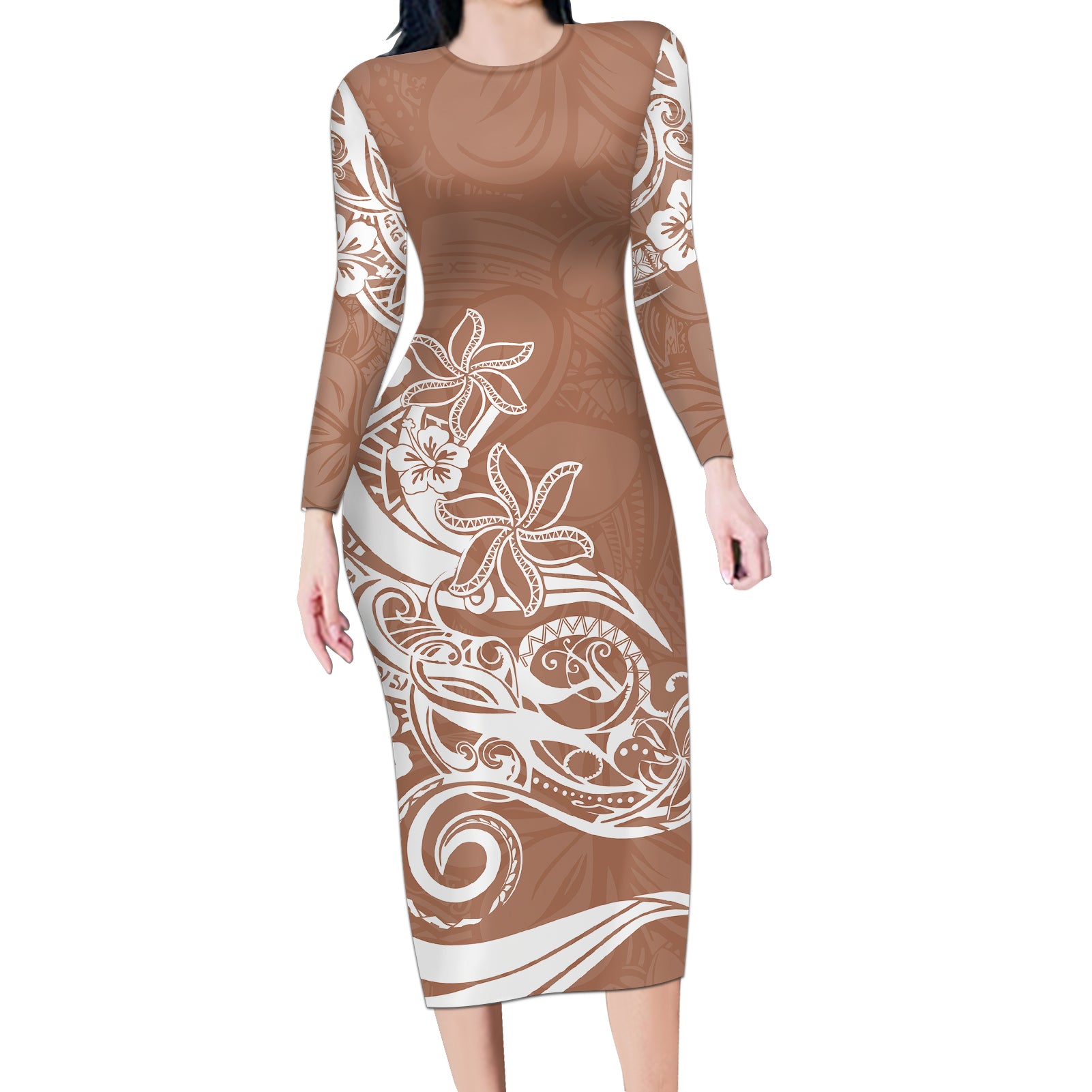 Polynesian Sunset Plumeria Long Sleeve Bodycon Dress Pacific Island Tribal Nude Style LT9 Long Dress Nude - Polynesian Pride