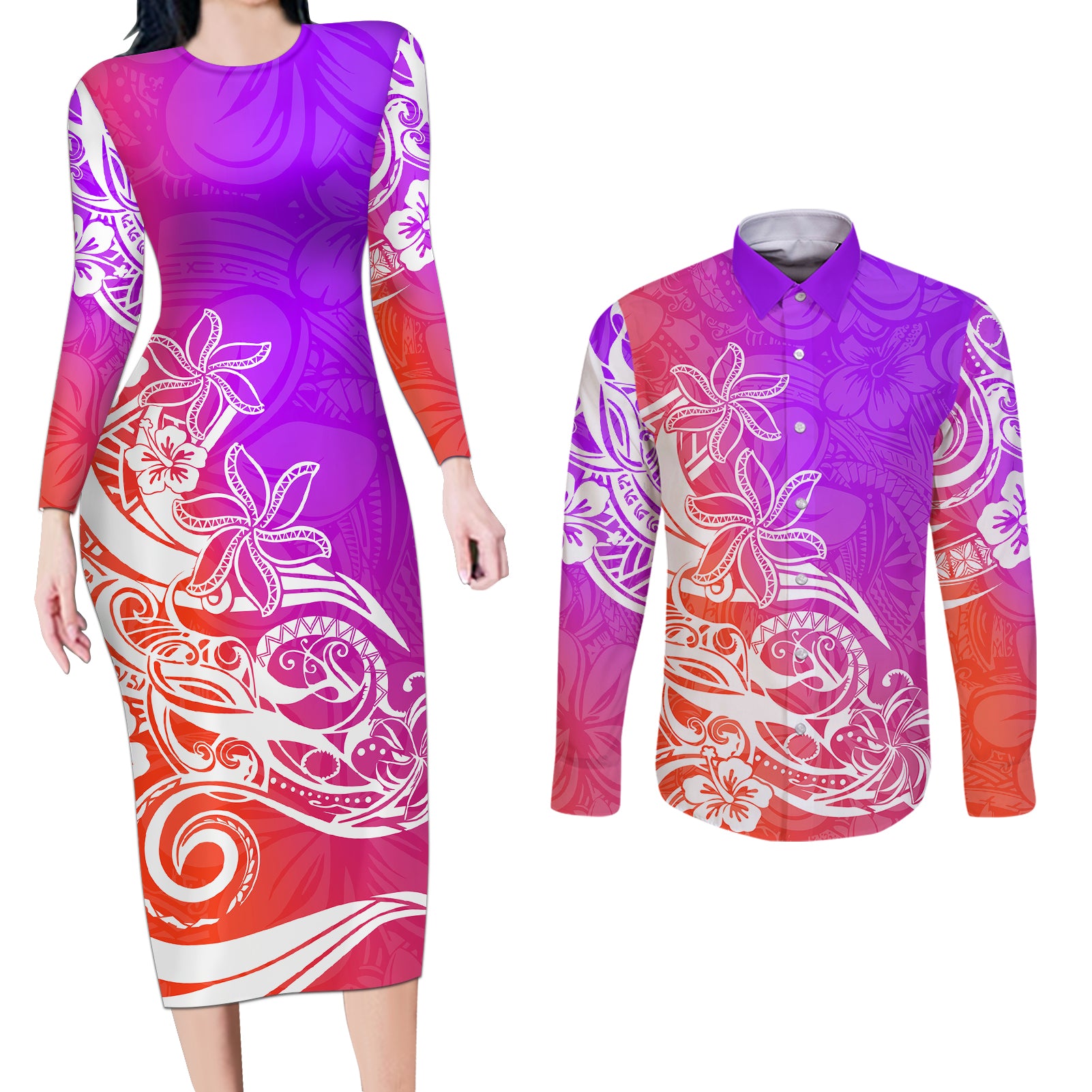 Polynesian Sunset Plumeria Couples Matching Long Sleeve Bodycon Dress and Long Sleeve Button Shirts Pacific Island Tribal Purple Style LT9 Purple - Polynesian Pride