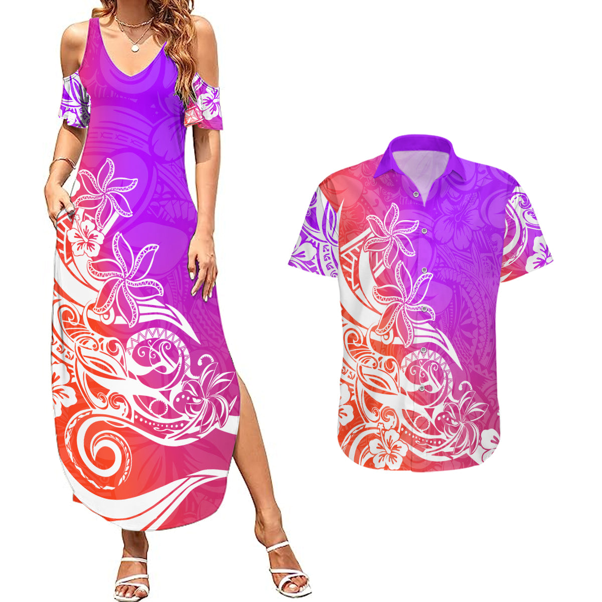 Polynesian Sunset Plumeria Couples Matching Summer Maxi Dress and Hawaiian Shirt Pacific Island Tribal Purple Style LT9 Purple - Polynesian Pride