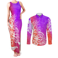 Polynesian Sunset Plumeria Couples Matching Tank Maxi Dress and Long Sleeve Button Shirts Pacific Island Tribal Purple Style LT9 Purple - Polynesian Pride