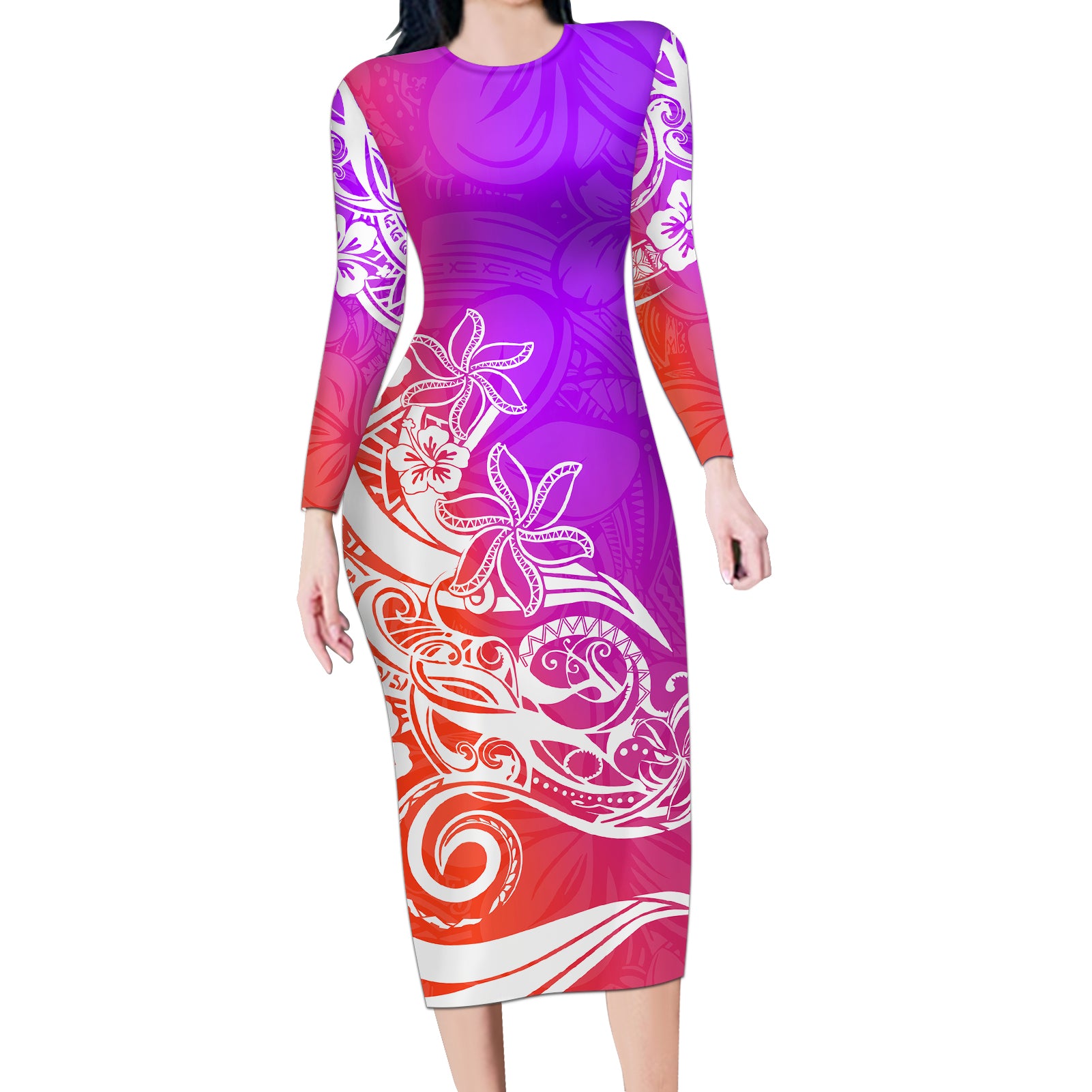 Polynesian Sunset Plumeria Long Sleeve Bodycon Dress Pacific Island Tribal Purple Style LT9 Long Dress Purple - Polynesian Pride