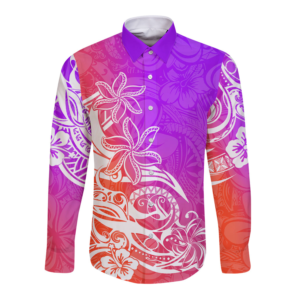 Polynesian Sunset Plumeria Long Sleeve Button Shirt Pacific Island Tribal Purple Style LT9 Unisex Purple - Polynesian Pride
