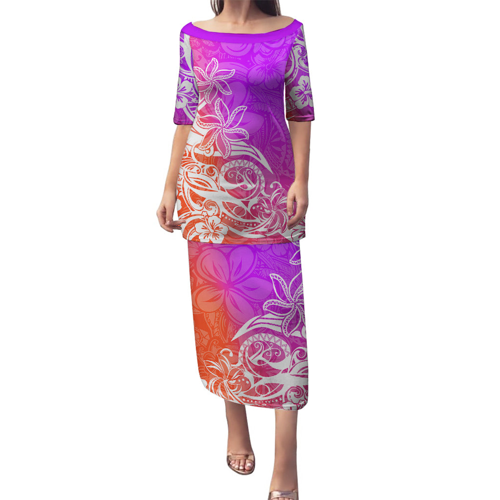 Polynesian Sunset Plumeria Puletasi Pacific Island Tribal Purple Style LT9 Long Dress Purple - Polynesian Pride