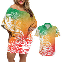 Polynesian Sunset Plumeria Couples Matching Off Shoulder Short Dress and Hawaiian Shirt Pacific Island Tribal Reggae Style LT9 Reggae - Polynesian Pride