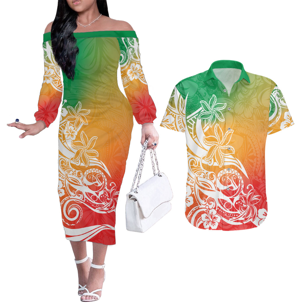 Polynesian Sunset Plumeria Couples Matching Off The Shoulder Long Sleeve Dress and Hawaiian Shirt Pacific Island Tribal Reggae Style LT9 Reggae - Polynesian Pride