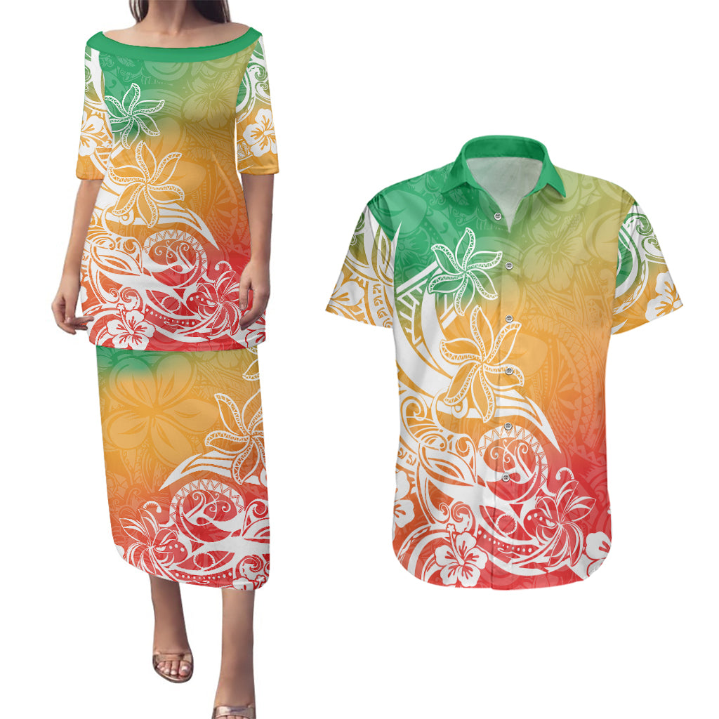 Polynesian Sunset Plumeria Couples Matching Puletasi Dress and Hawaiian Shirt Pacific Island Tribal Reggae Style LT9 Reggae - Polynesian Pride