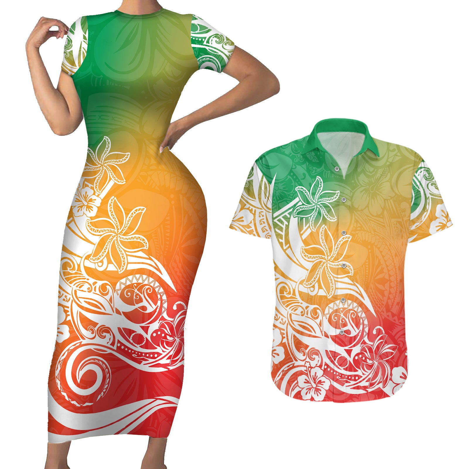 Polynesian Sunset Plumeria Couples Matching Short Sleeve Bodycon Dress and Hawaiian Shirt Pacific Island Tribal Reggae Style LT9 Reggae - Polynesian Pride