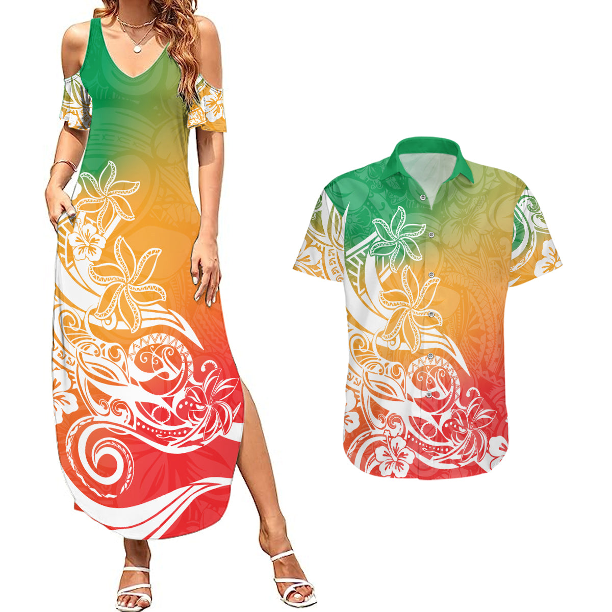 Polynesian Sunset Plumeria Couples Matching Summer Maxi Dress and Hawaiian Shirt Pacific Island Tribal Reggae Style LT9 Reggae - Polynesian Pride