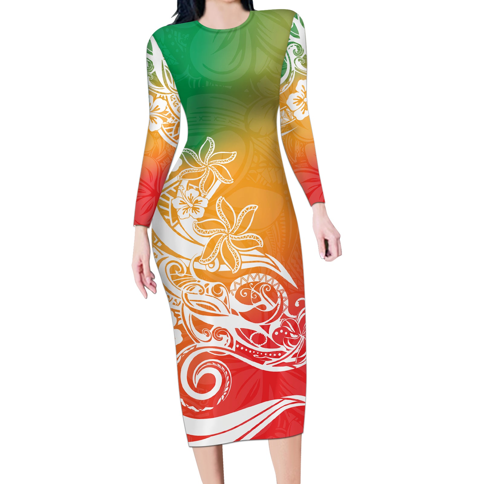 Polynesian Sunset Plumeria Long Sleeve Bodycon Dress Pacific Island Tribal Reggae Style LT9 Long Dress Reggae - Polynesian Pride