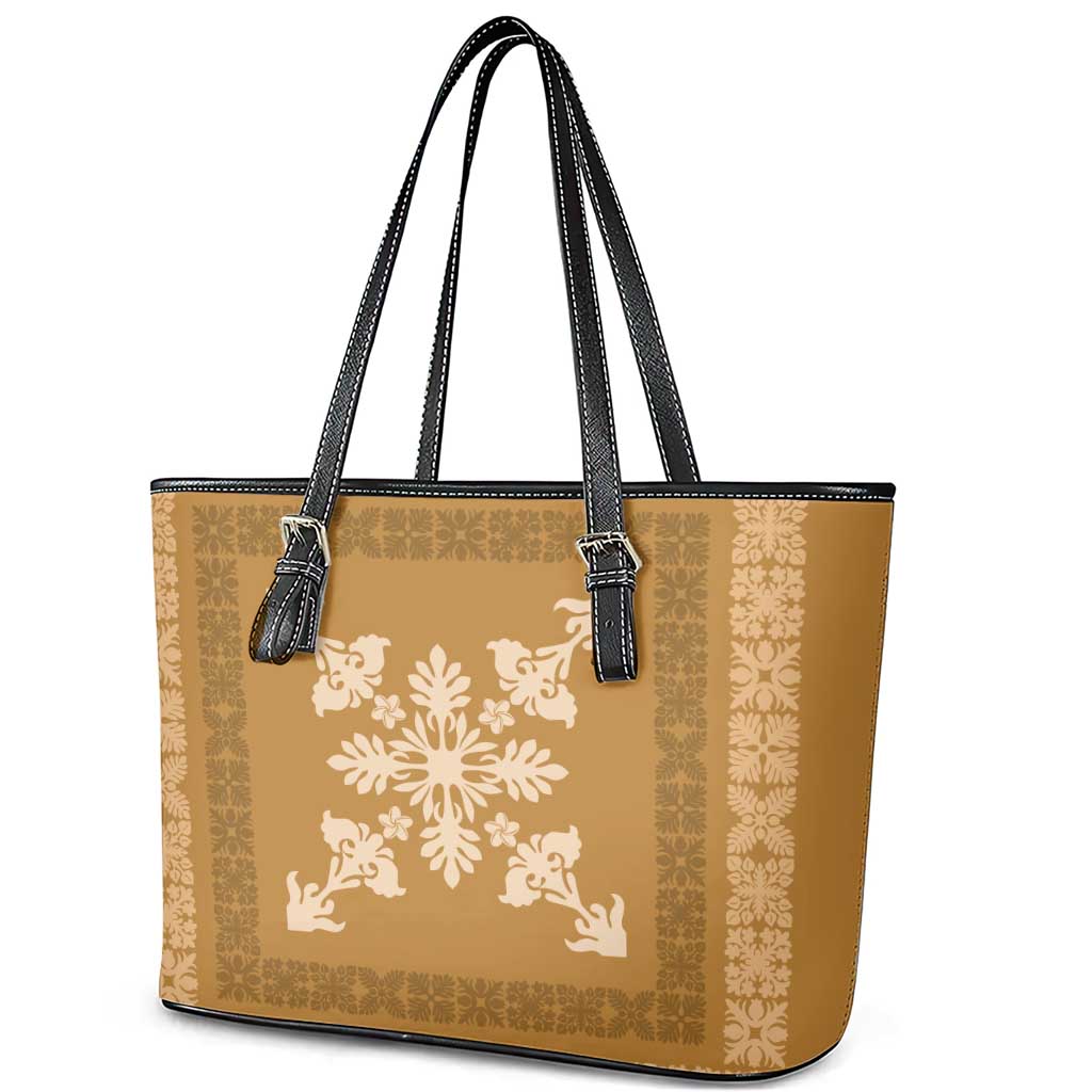 Hawaiian Quilt Block Design Leather Tote Bag Gold Hawaii Culture Motifs - Polynesian Pride