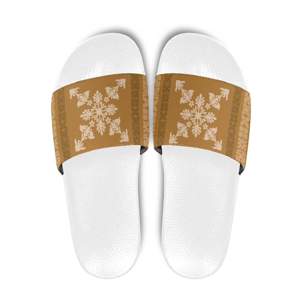 Hawaiian Quilt Block Design Slide Sandals Gold Hawaii Culture Motifs - Polynesian Pride